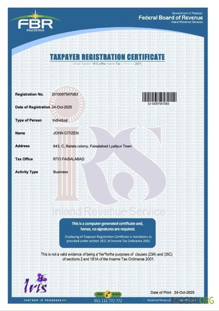 Modèle Word et PDF de certificat d'enregistrement des contribuables du Pakistan